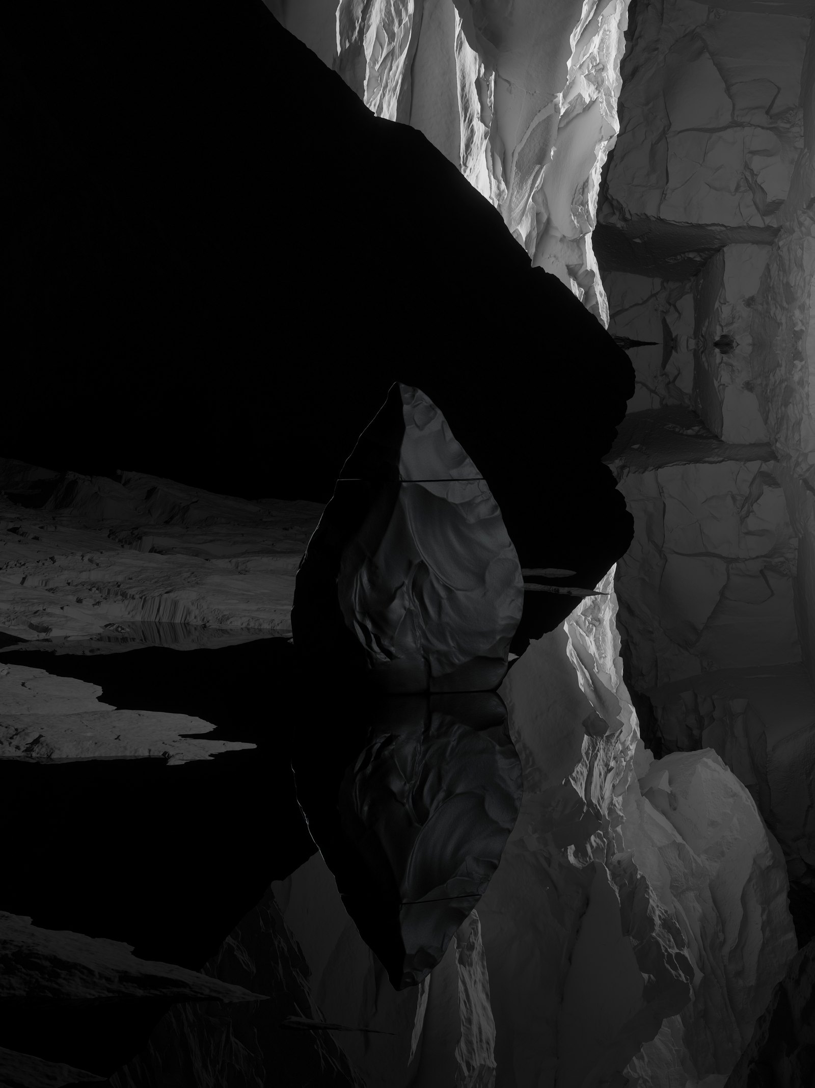Neandertal — the bottle in shadow, on black water