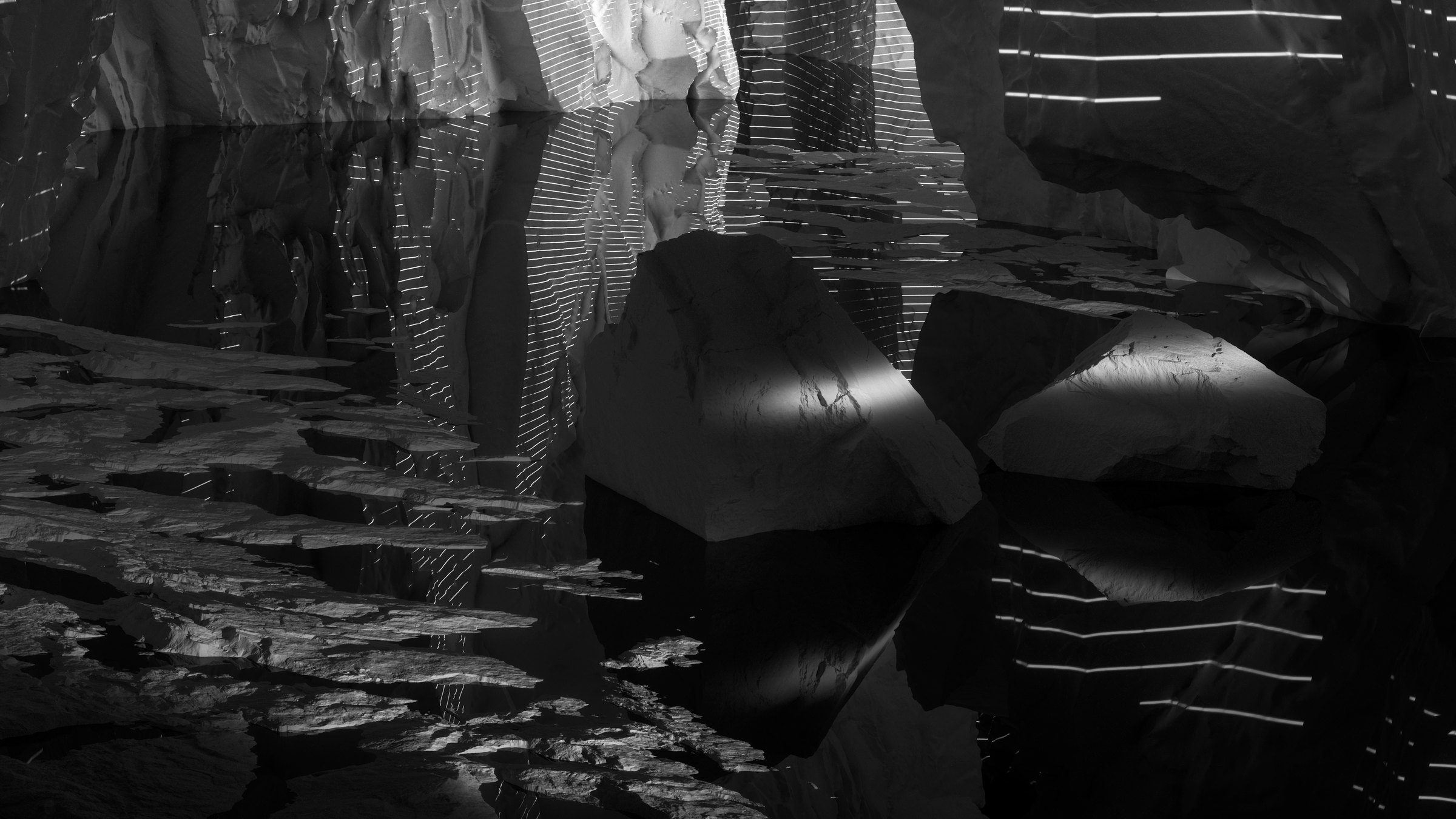 Neandertal — sequence 04, rock forms rising from black water