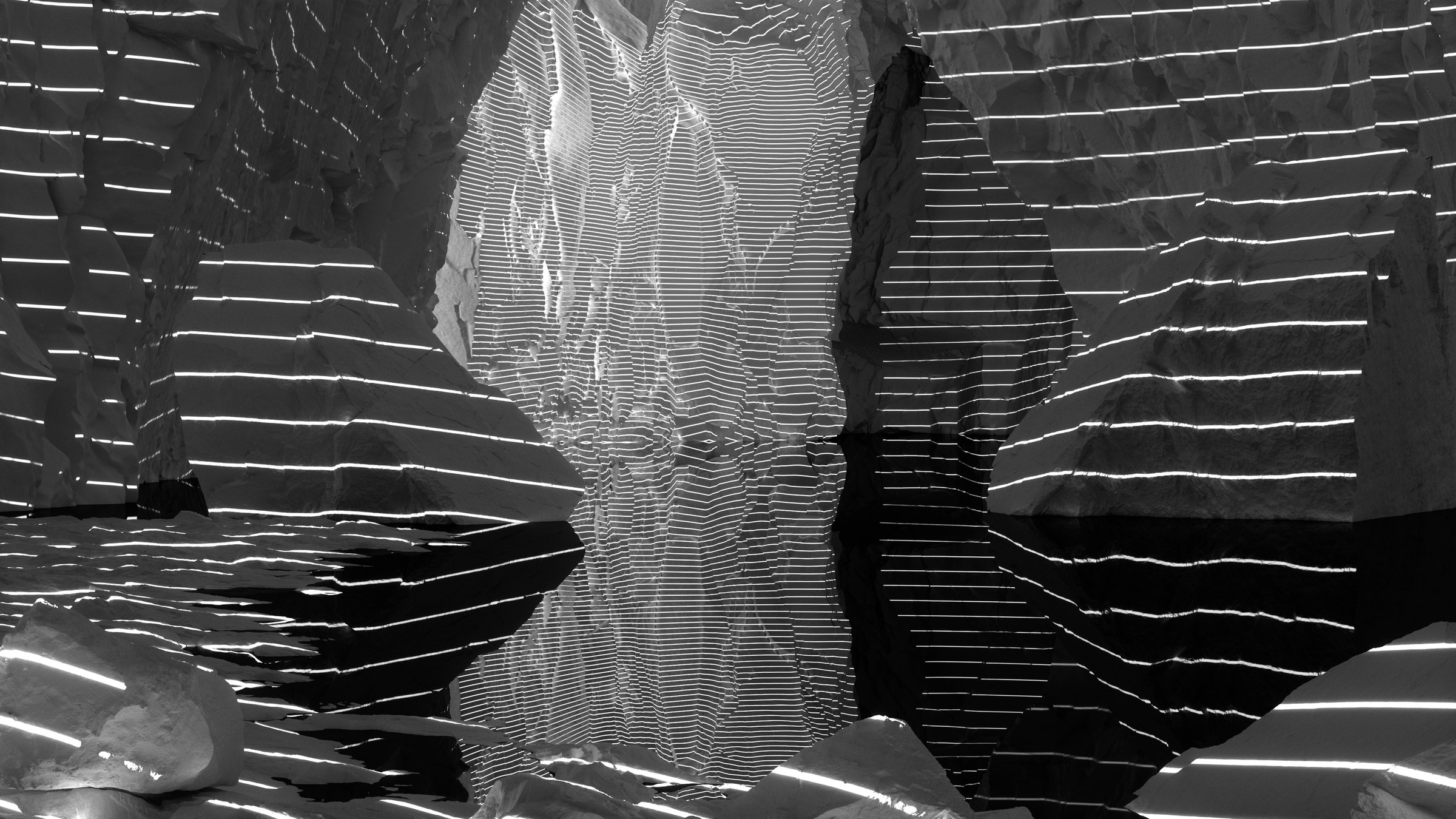 Neandertal — sequence 01, a rock wall in lines of light, doubled in still water
