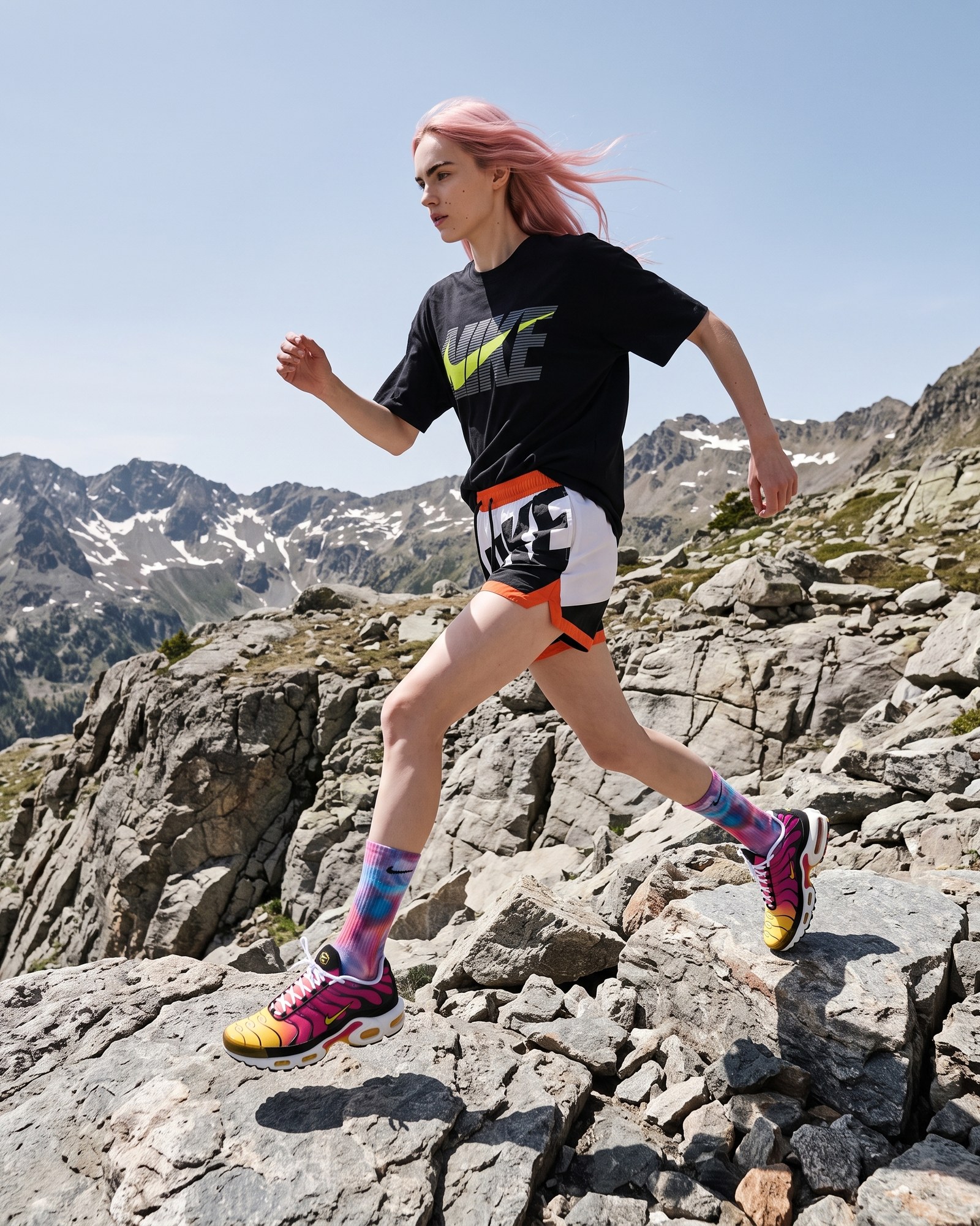 The image the brief produced — the character in mid stride between alpine rocks, the trainers the one strong colour