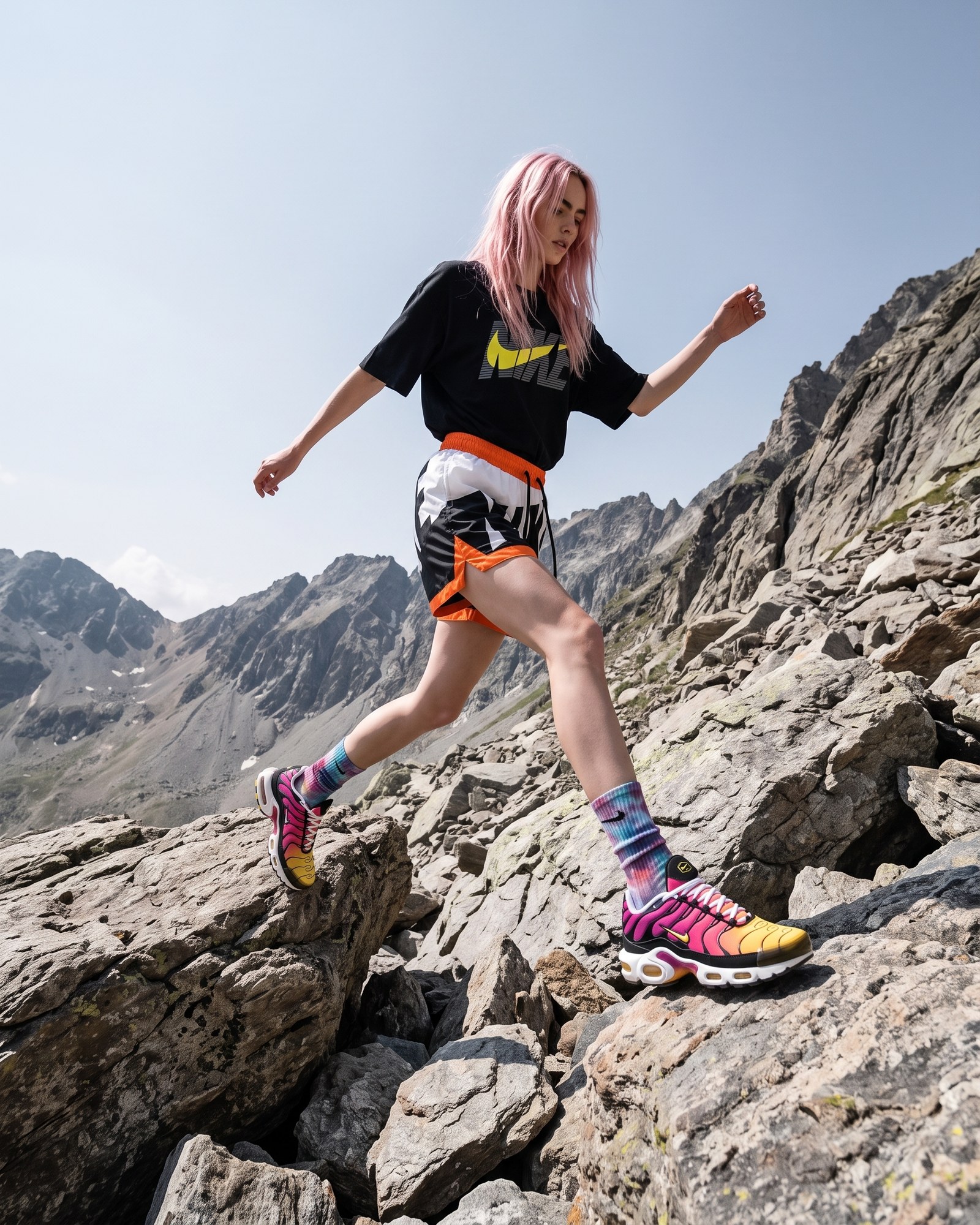 The same brief, another frame — the character striding across alpine rock, seen from lower down