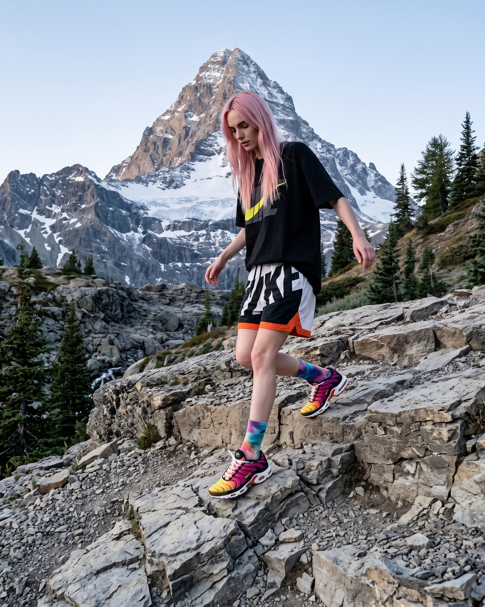 Another brief — the character stepping down across rock below an alpine peak