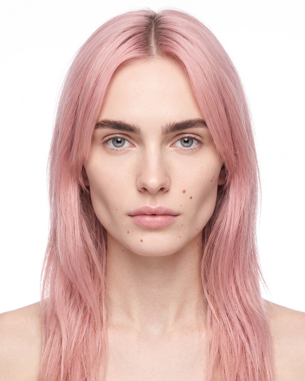 Reference — the talent: a face with long pink hair, on white