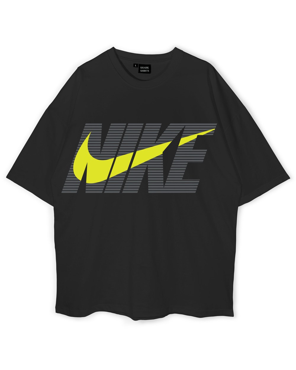 Reference — wardrobe: a black oversized T-shirt with a yellow logo