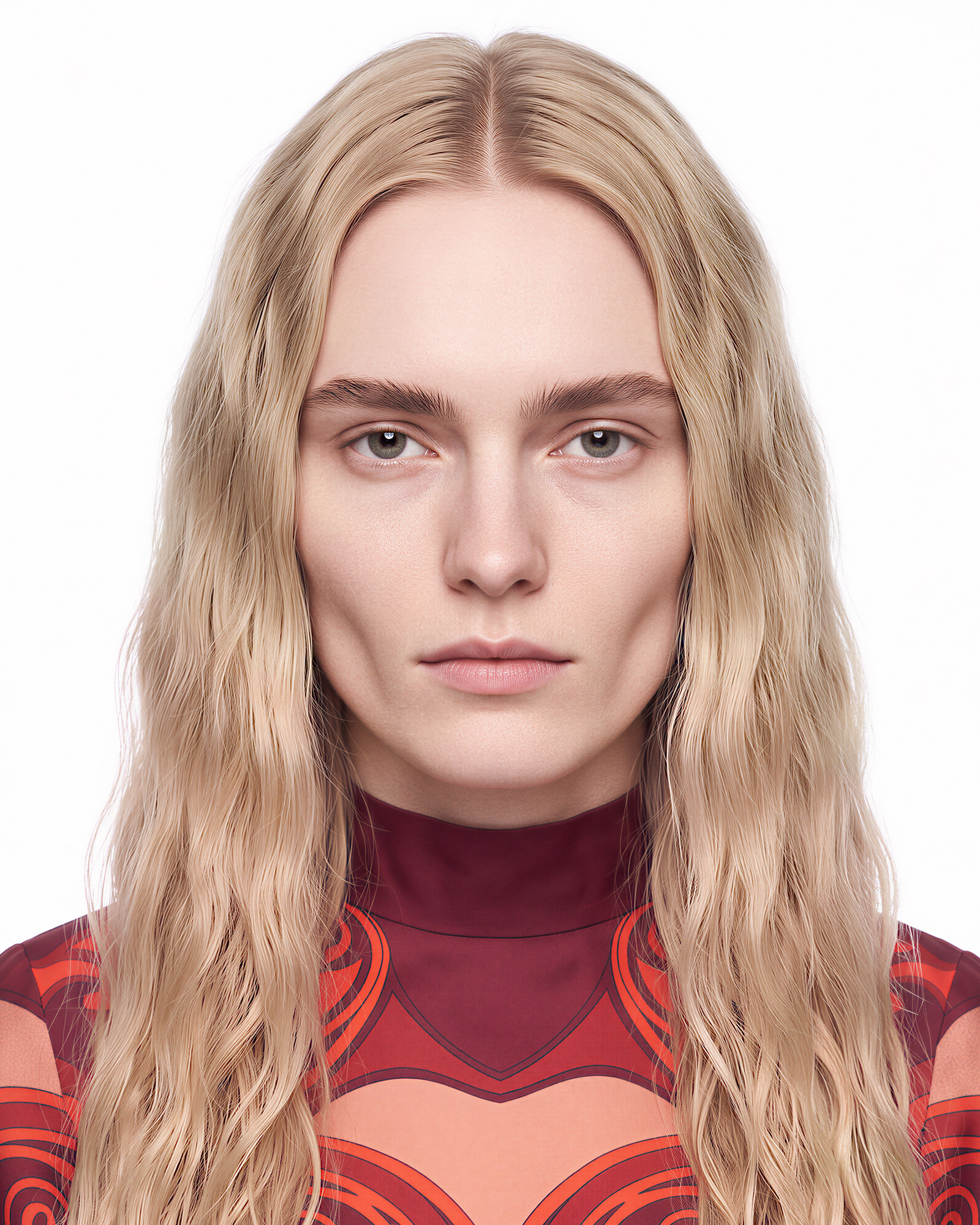 A directed character — long blonde hair parted in the centre, a high-necked top printed in red and coral