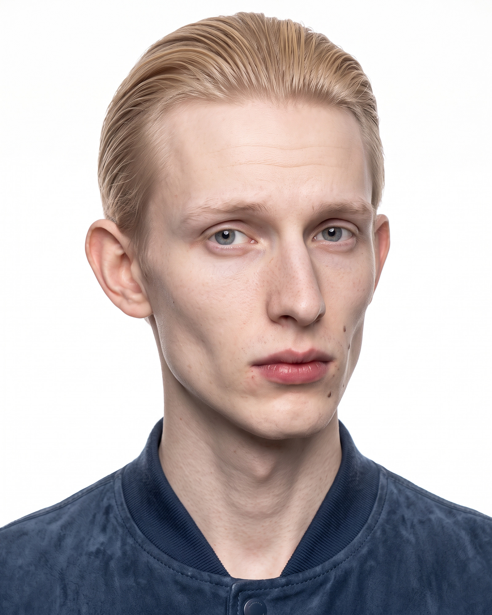 Curious — the inner brows lifted, the head turned to one side and tilted, the eyes back on the lens