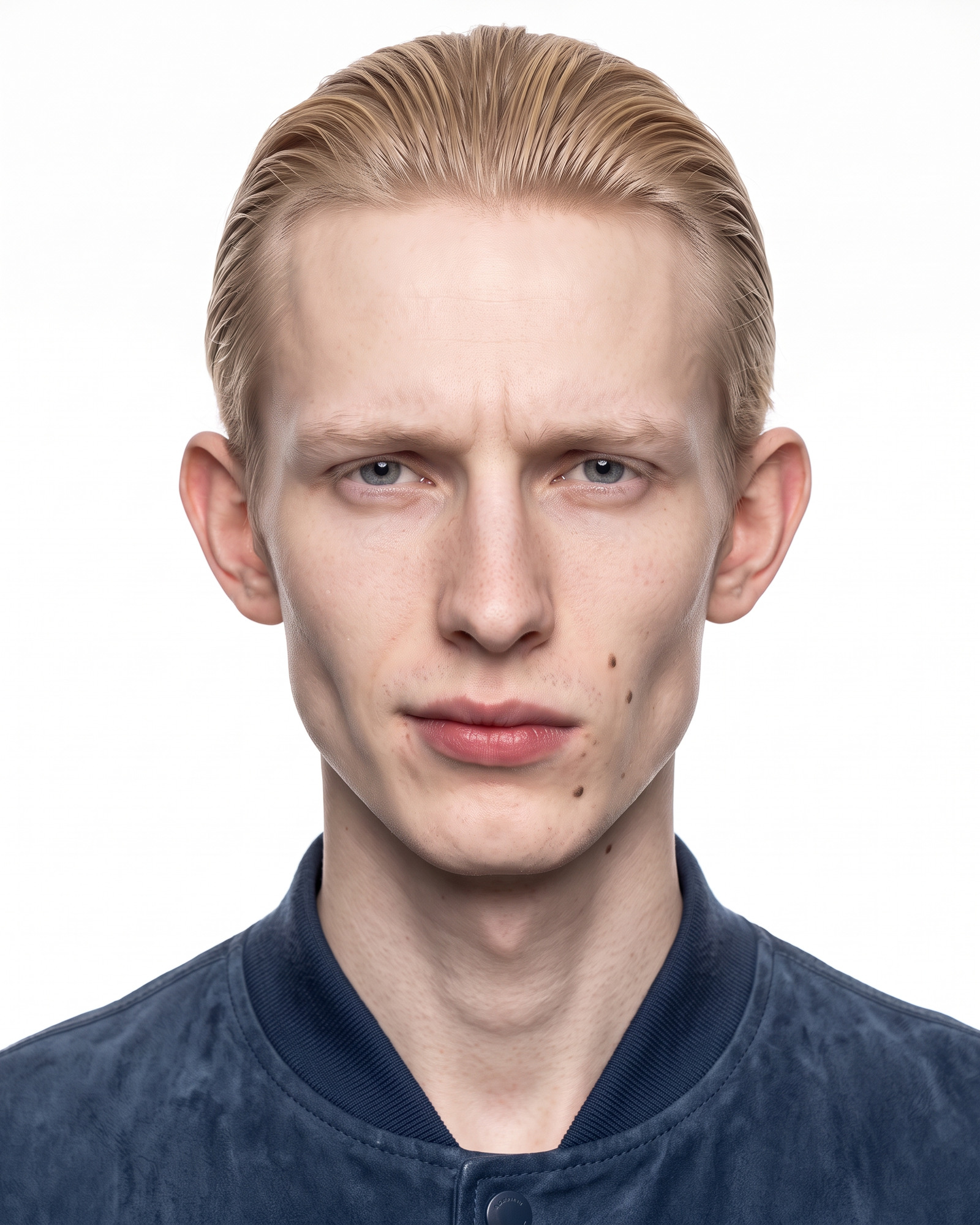 Skeptical — the brows drawn down and one corner of the mouth tightened, the head square to the camera
