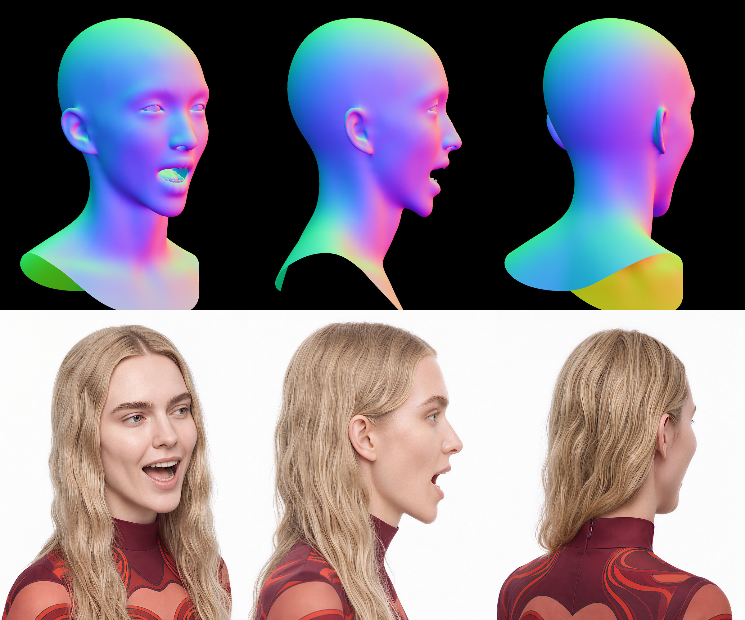The fitted head at three angles of turn, about 40°, 90° and 140°, laughing with the jaw dropped — the normal map above, the finished render below