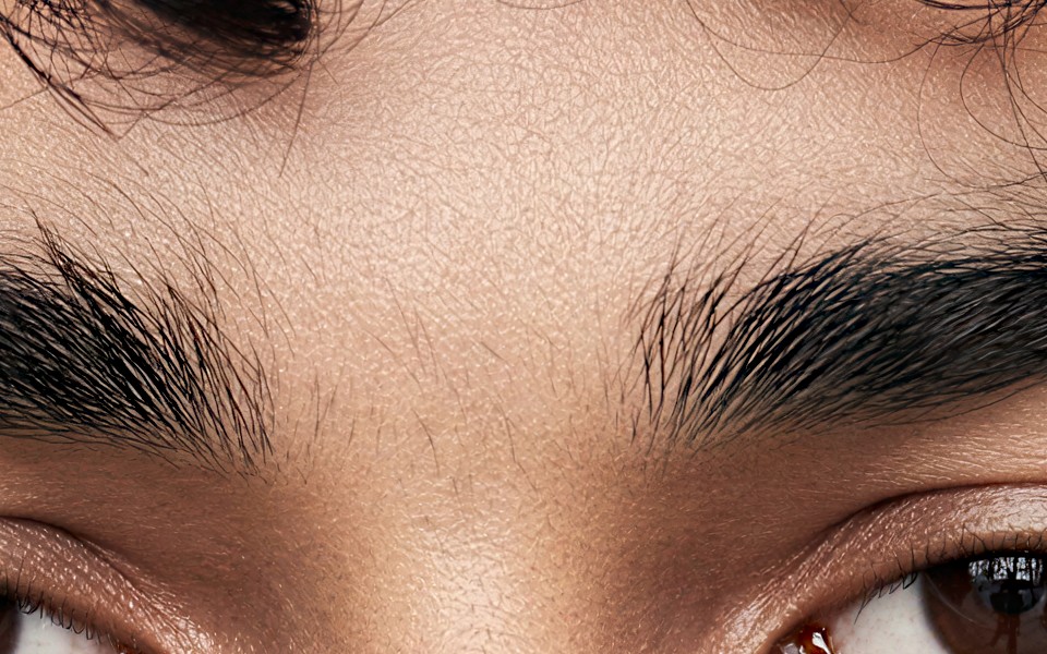 Portrait 2, between the brows, through the suite — pores across the skin