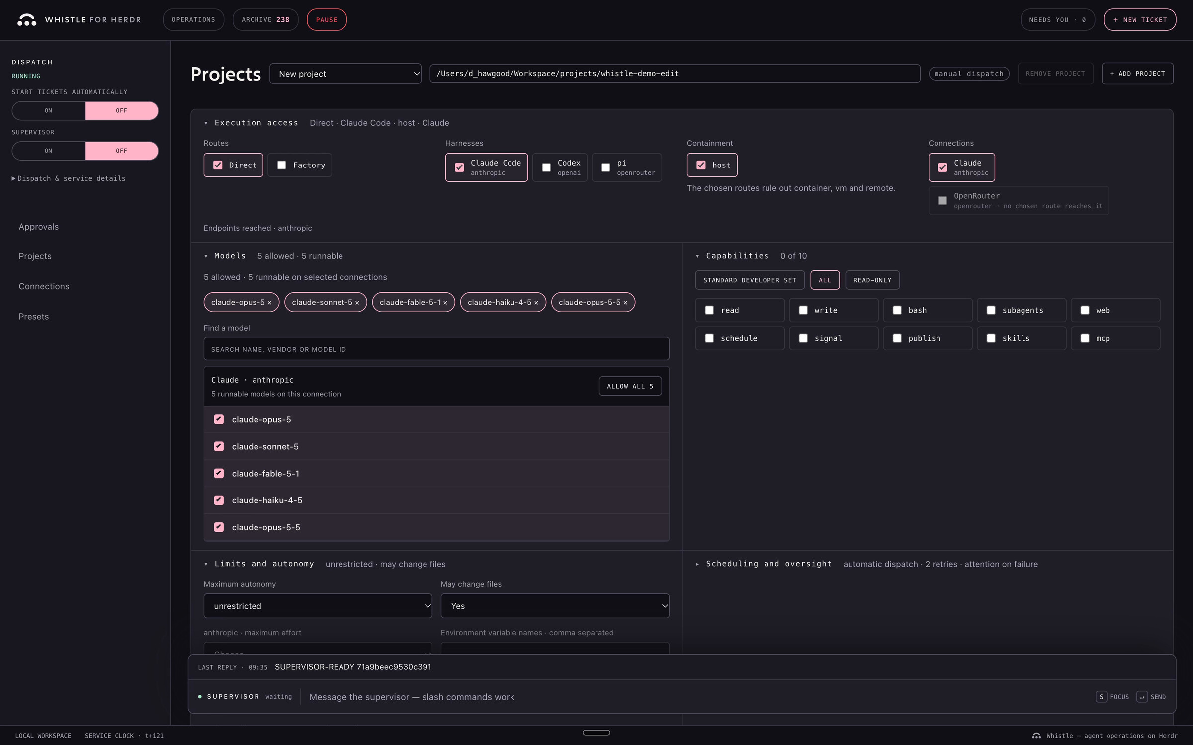 Whistle — the Projects screen: routes, harnesses, containment and connections for one project